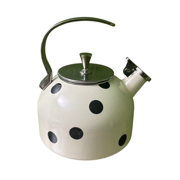 Kate Spade Lenox Tea Kettle Deco Polka Dot White Black 2.5qt Enamel Stainless - Picture 1 of 11
